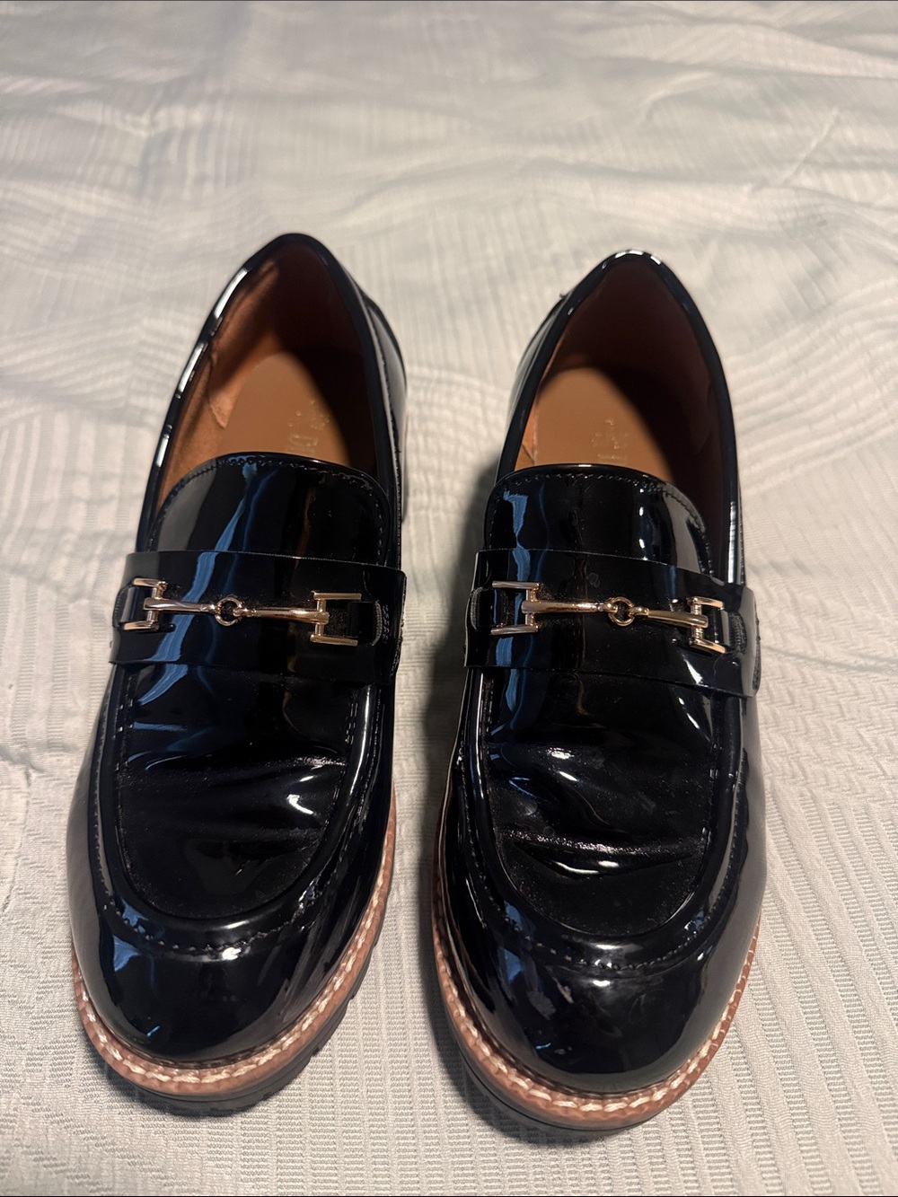 Dream Pairs Black Patent Loafers with Gold Bit